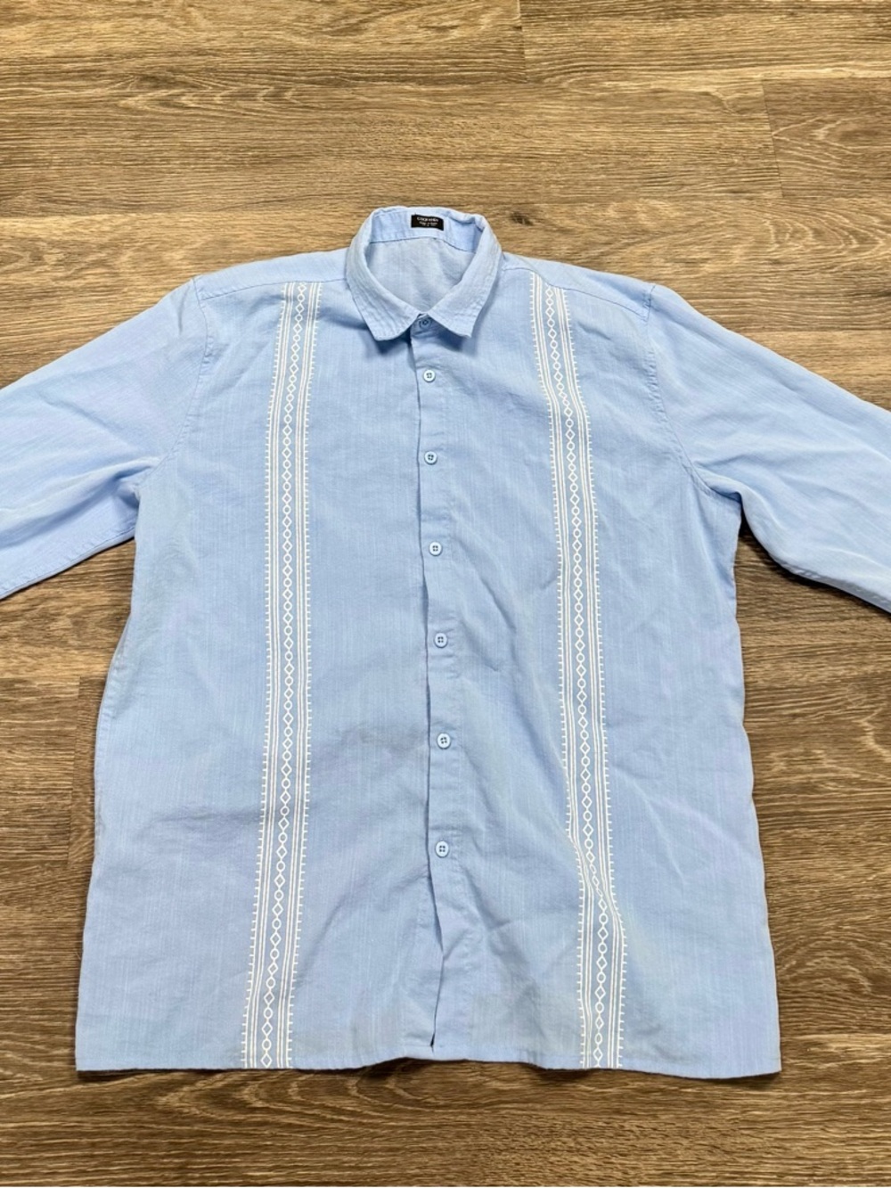 COOFANDY Blue Embroidered Guayabera Shirt Men’s L Long Sleeve Casual
